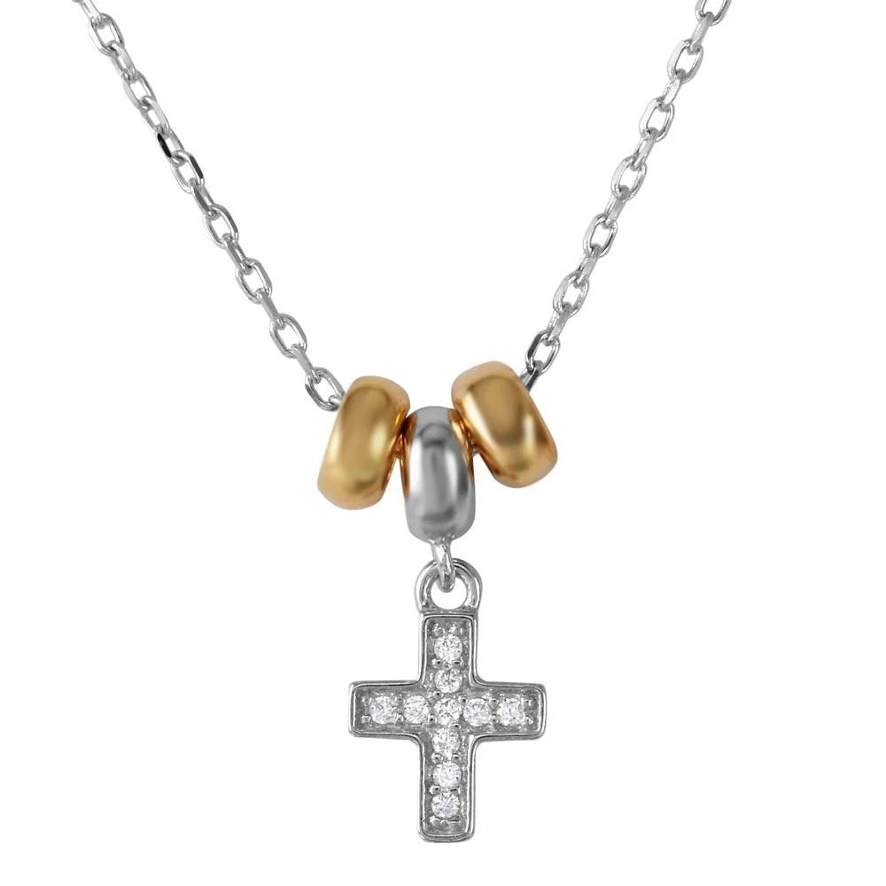 925 Sterling Silver Rhodium Plated and Gold Plated Dangling CZ Cross with 3 Hoop Necklace