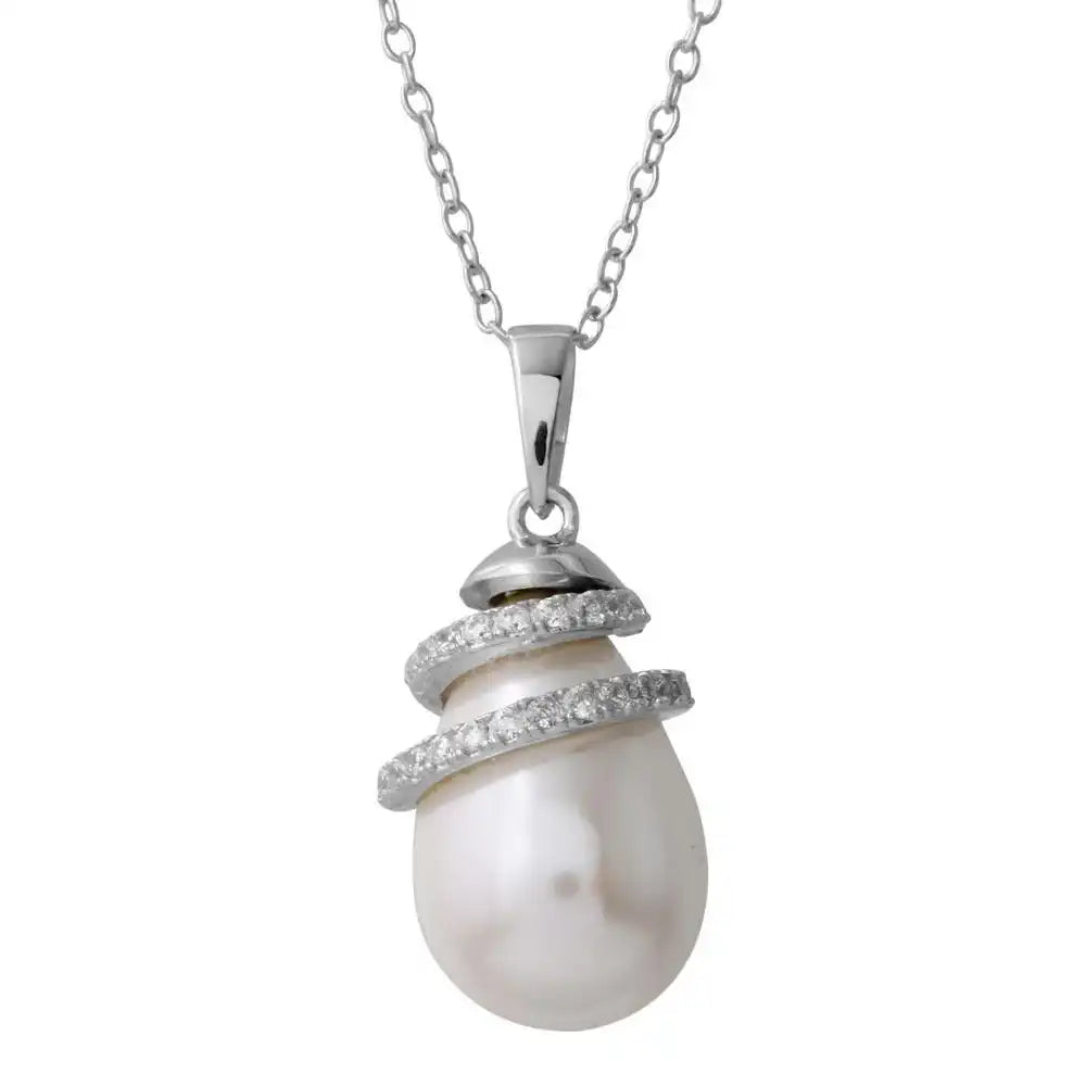925 Sterling Silver Rhodium Plated Fresh Water Pearl Necklace with Wrapped CZ