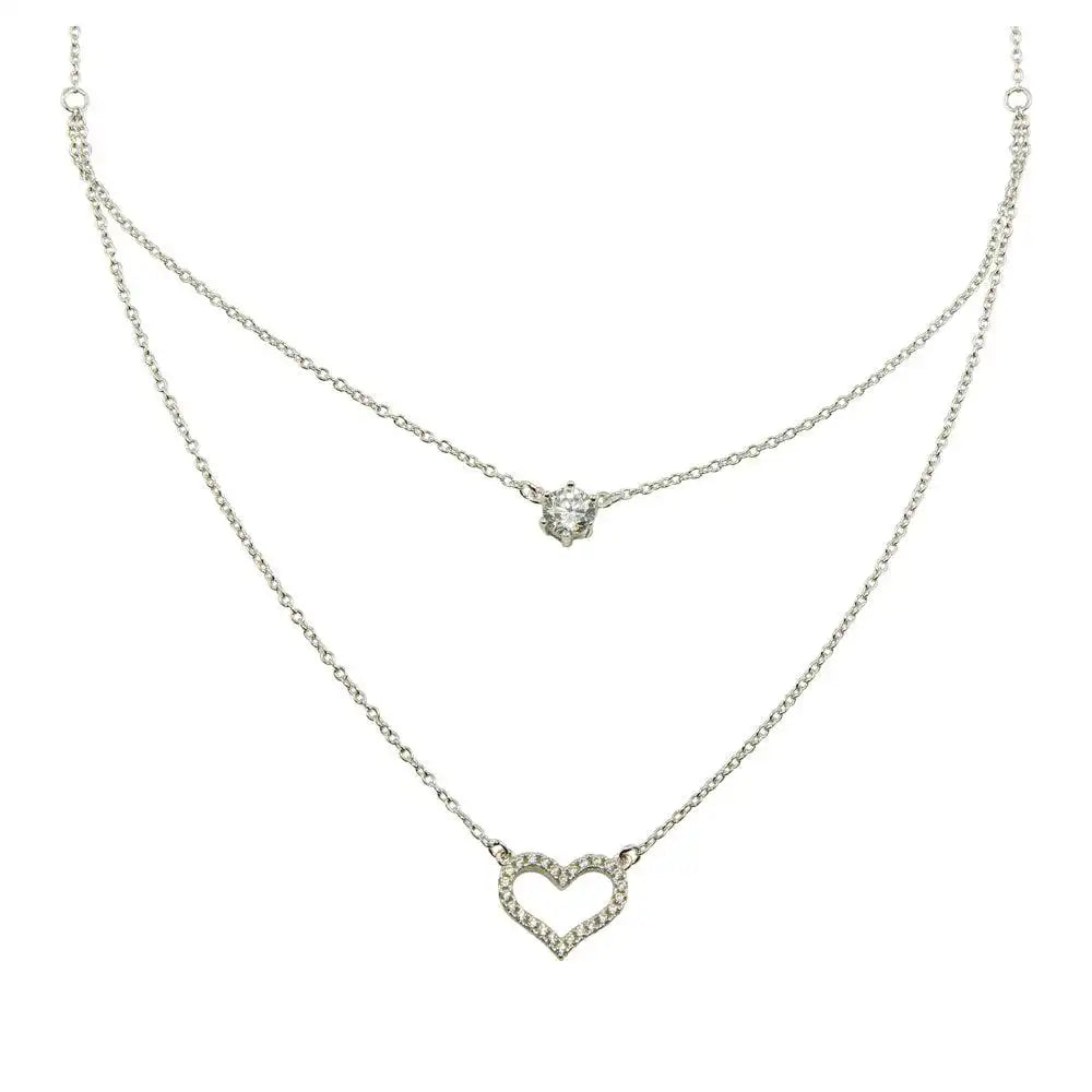925 Sterling Silver Rhodium Plated Double Chain Heart Necklace with CZ