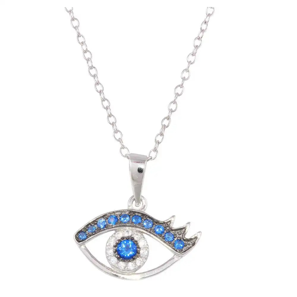 925 Sterling Silver Rhodium Plated Small Evil Eye Pendant Necklace with Clear and Blue CZ