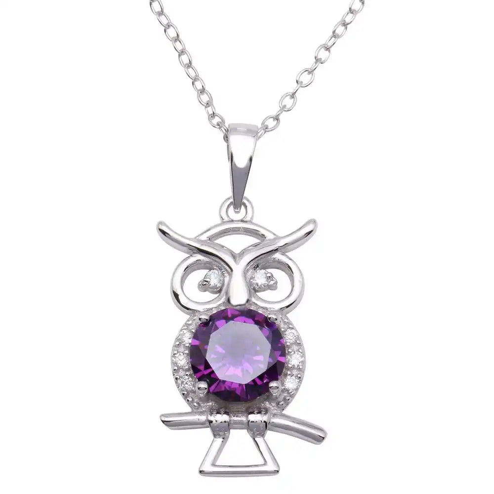 925 Sterling Silver Rhodium Plated Purple CZ Owl Necklace