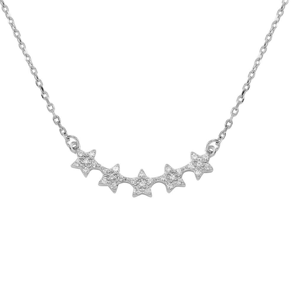 925 Sterling Silver Rhodium Plated 5 Star Curve Necklace with CZ