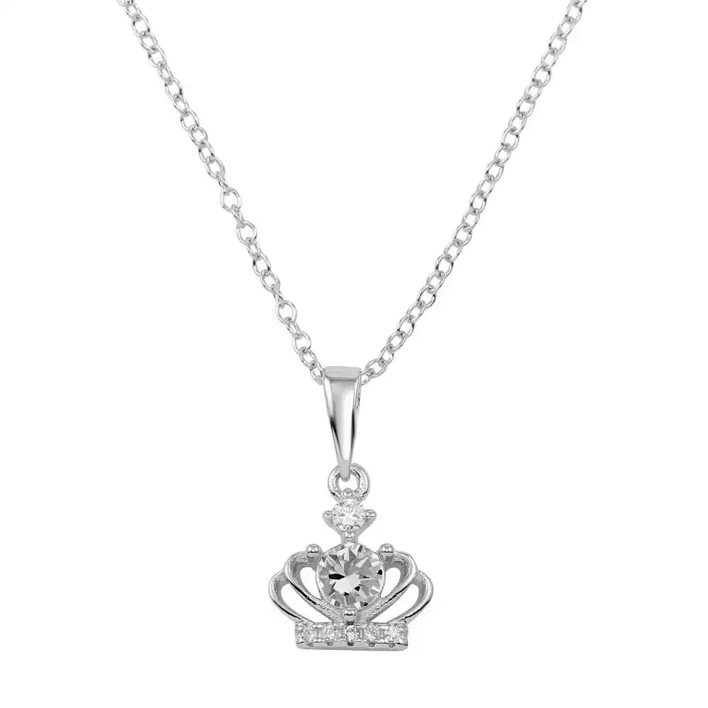 925 Sterling Silver Rhodium Plated CZ Crown Pendant Necklace