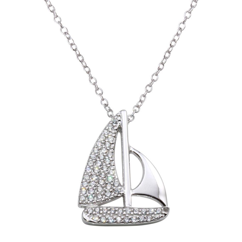 925 Sterling Silver Rhodium Plated CZ Sailboat Necklace
