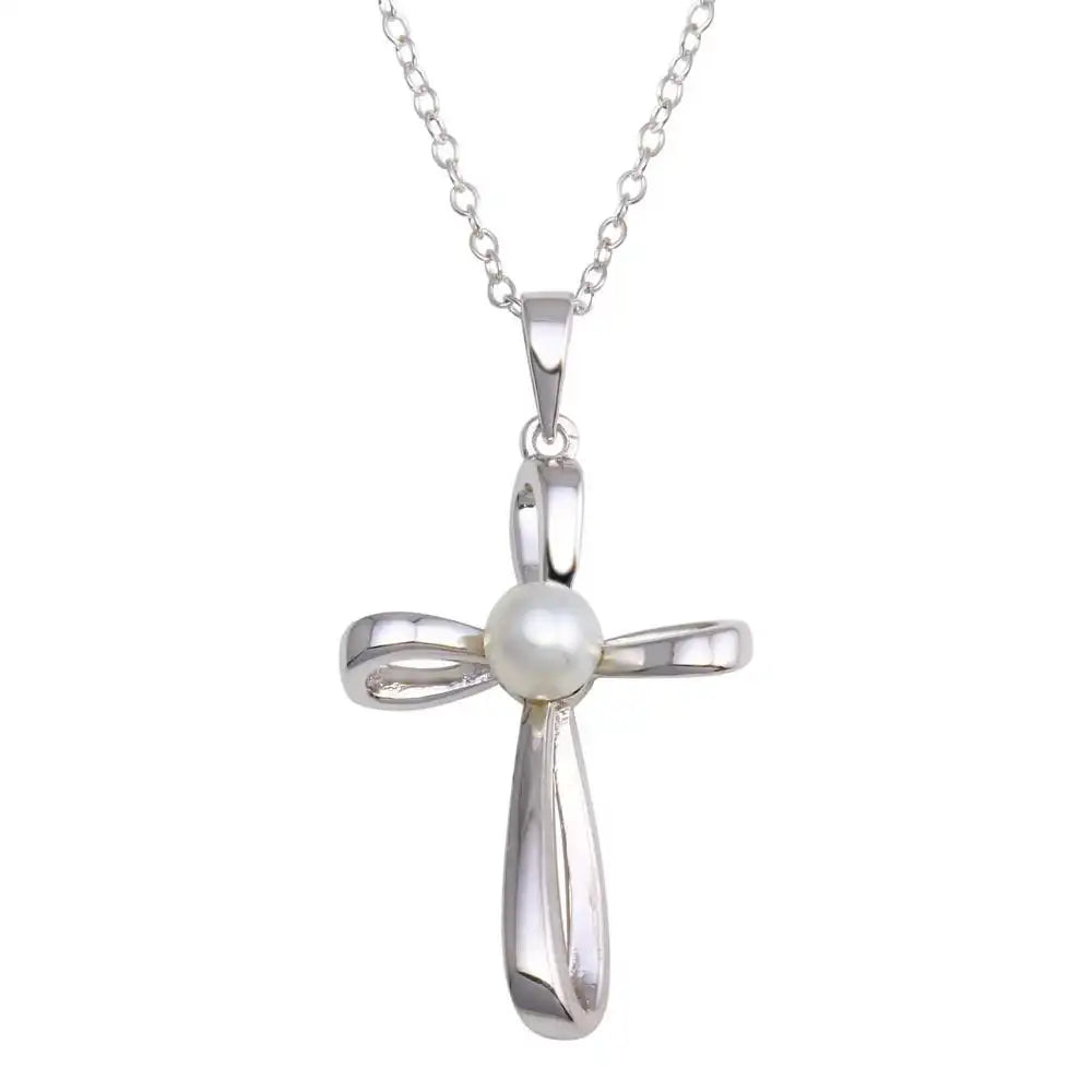 925 Sterling Silver Rhodium Plated Pearl Center Cross Necklace