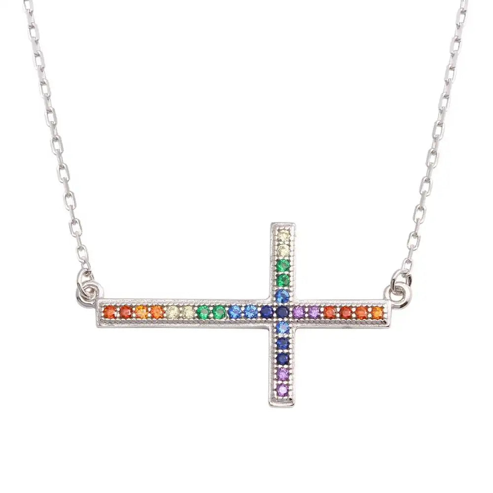 925 Sterling Silver Rhodium Plated Sideways Cross Pendant with Multi-Colored CZ