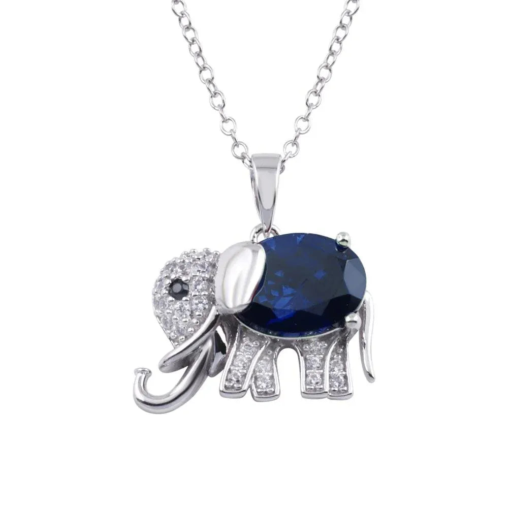 925 Sterling Silver Rhodium Plated Blue CZ Elephant Pendant Necklace