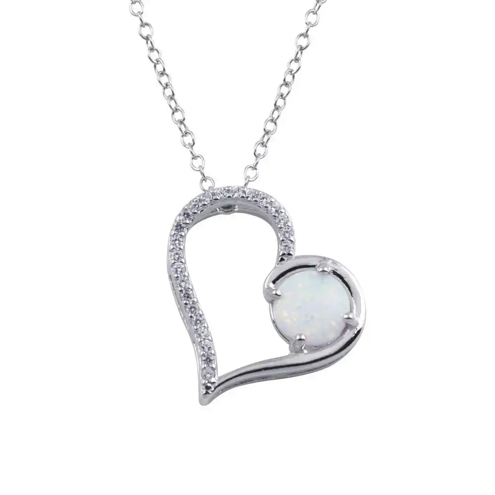925 Sterling Silver Rhodium Plated Heart Synthetic Opal Pendant Necklace