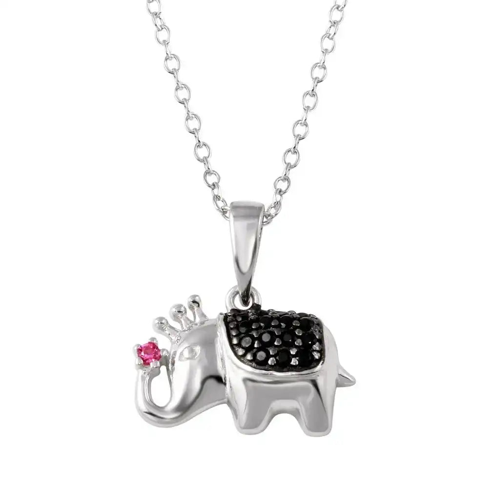 925 Sterling Silver Rhodium Plated Black and Pink CZ Elephant Pendant Necklace
