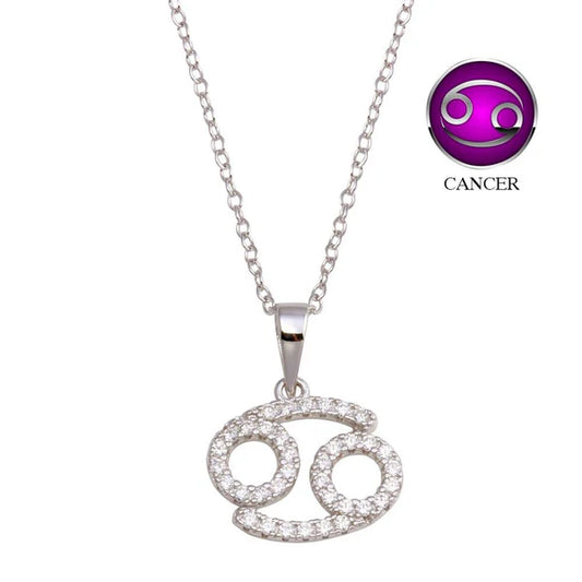 925 Sterling Silver Rhodium Plated Cancer CZ Zodiac Sign Necklace