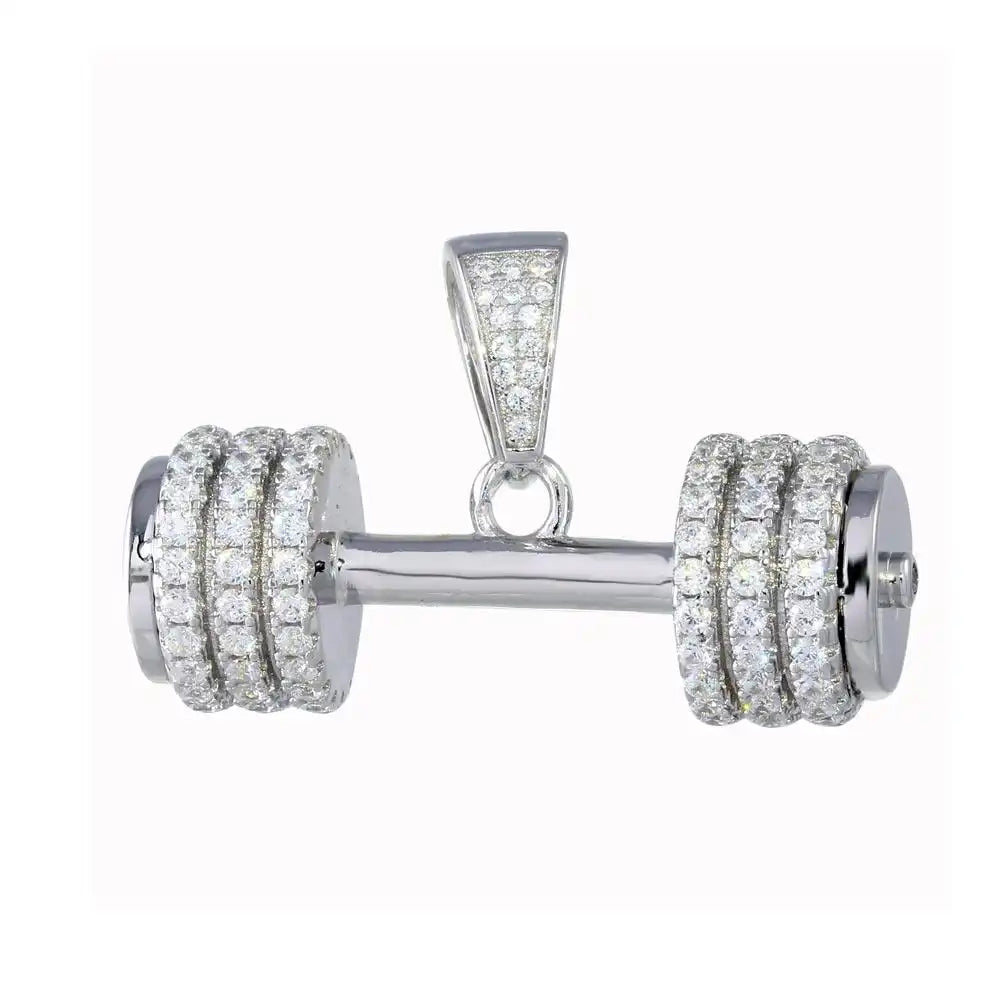 925 Sterling Silver Rhodium Plated Dumbbell CZ Pendant