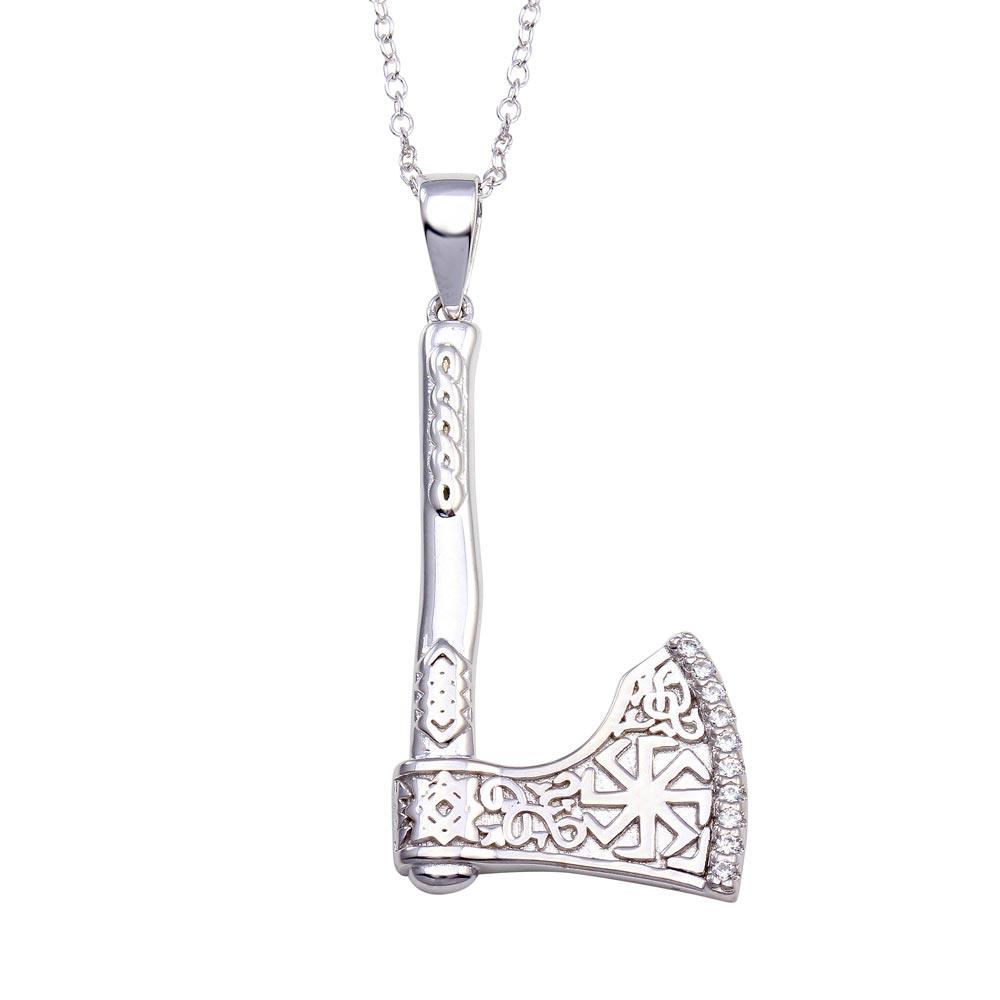 925 Sterling Silver Rhodium Plated Indian Axe CZ Necklace