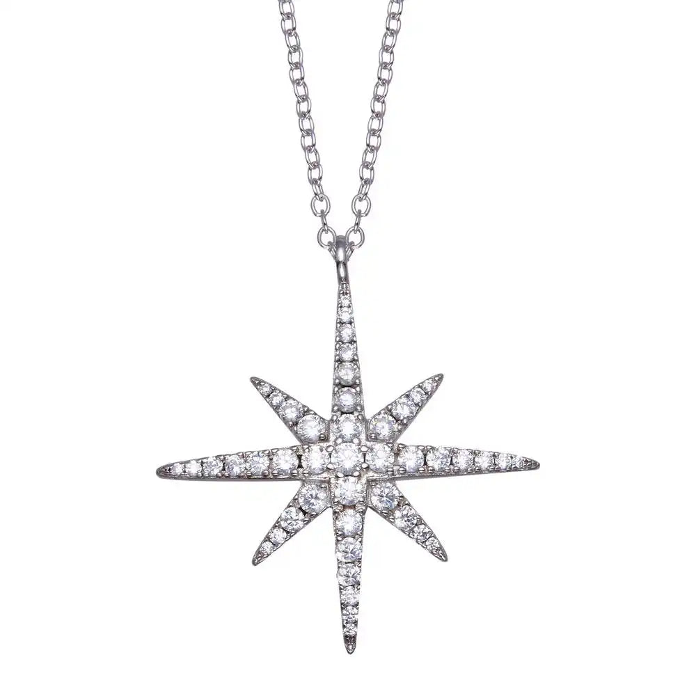 925 Sterling Silver Rhodium Plated Snow Flakes CZ Necklace