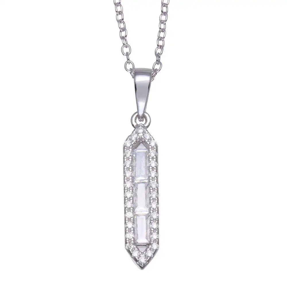 925 Sterling Silver Rhodium Plated Baguette Vertical Bar CZ Necklace