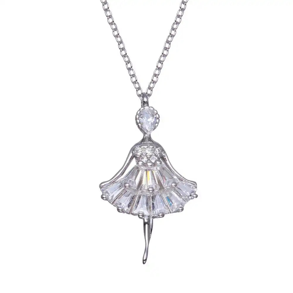 925 Sterling Silver Rhodium Plated Ballerina Baguette CZ Necklace