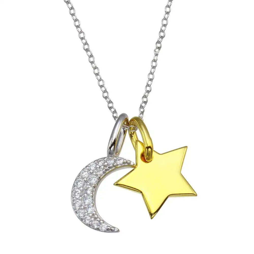 925 Sterling Silver Rhodium Plated 2 Toned Star and Crescent Moon CZ Necklace