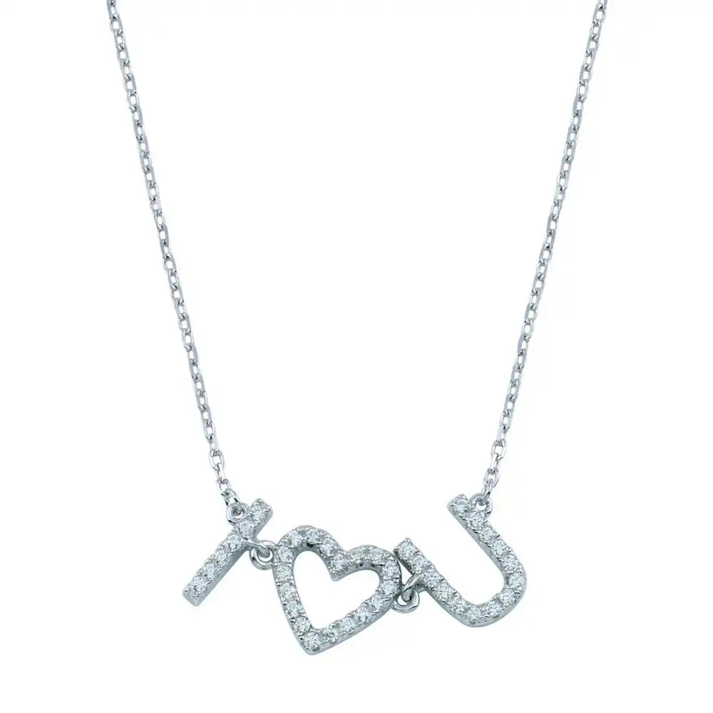 925 Sterling Silver Rhodium Plated CZ I Heart U Necklace