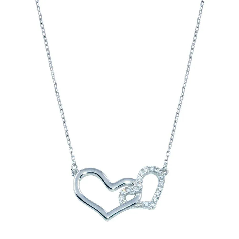 925 Sterling Silver Rhodium Plated Double CZ Heart Necklace