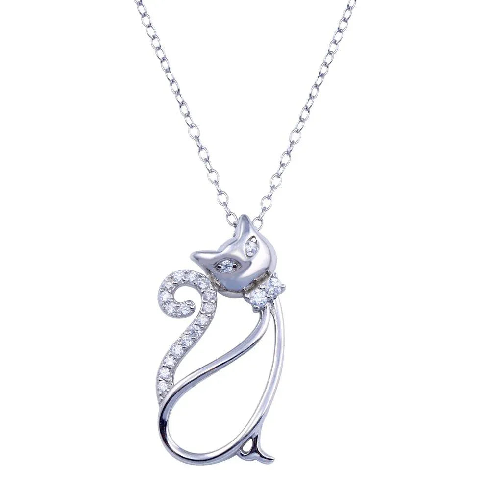 925 Sterling Silver Rhodium Plated Clear CZ Cat Necklace