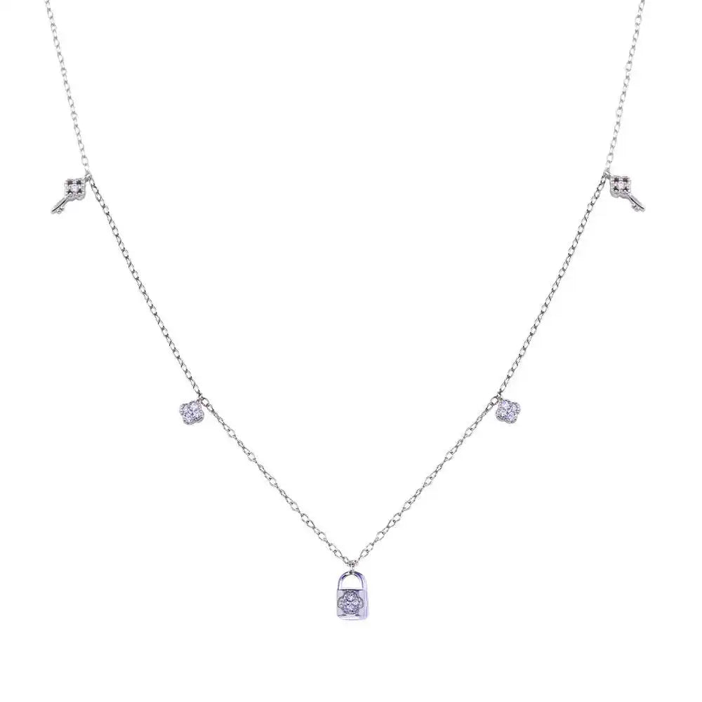 925 Sterling Silver Rhodium Plated Clear CZ Lock and Key Necklace
