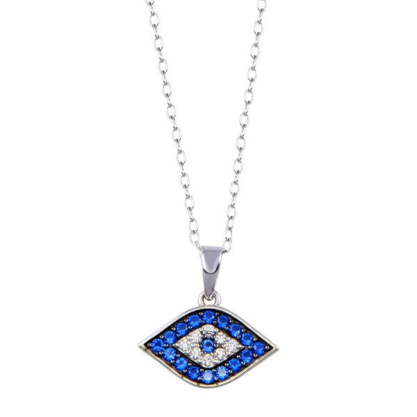 925 Sterling Silver Rhodium Plated Evil Eye Blue and Clear CZ Necklace