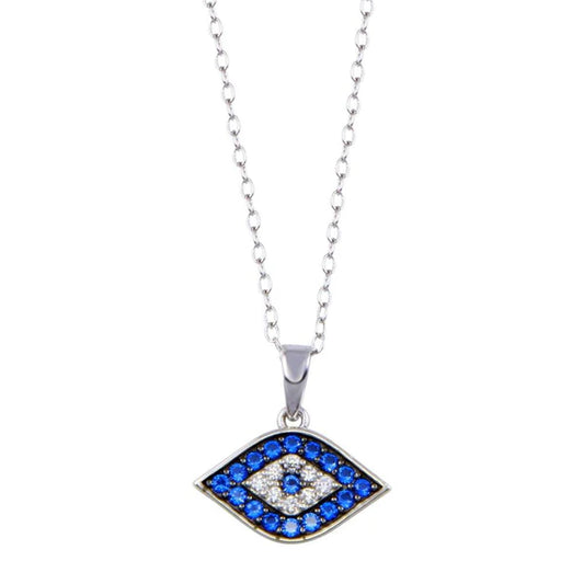925 Sterling Silver Rhodium Plated Evil Eye Blue and Clear CZ Necklace