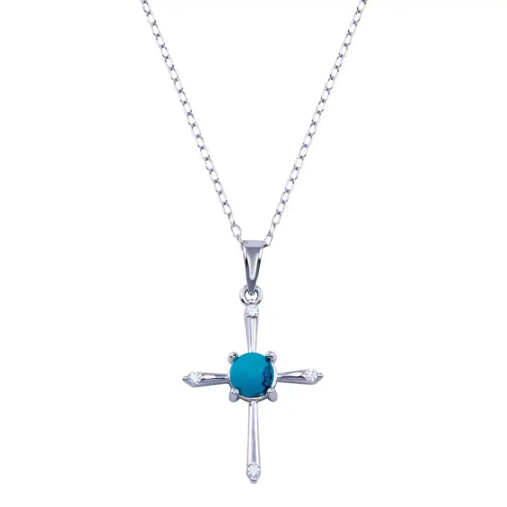 925 Sterling Silver Rhodium Plated Cross Turquoise CZ Necklace