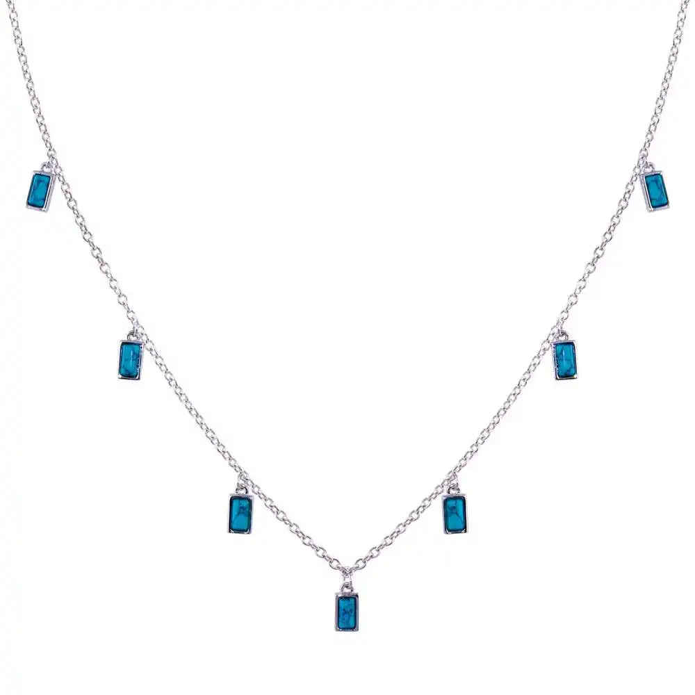 925 Sterling Silver Rhodium Plated Turquoise Charms Necklace