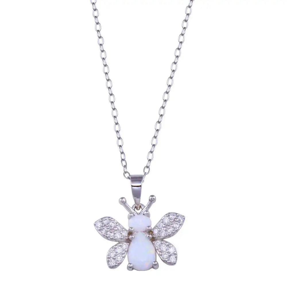 925 Sterling Silver Rhodium Plated Butterfly Synthetic Opal CZ Necklace