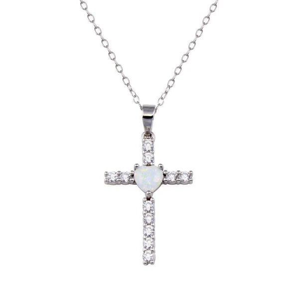 925 Sterling Silver Rhodium Plated Cross Heart Opal Clear CZ Necklace