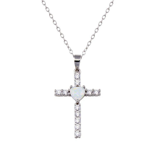 925 Sterling Silver Rhodium Plated Cross Heart Opal Clear CZ Necklace