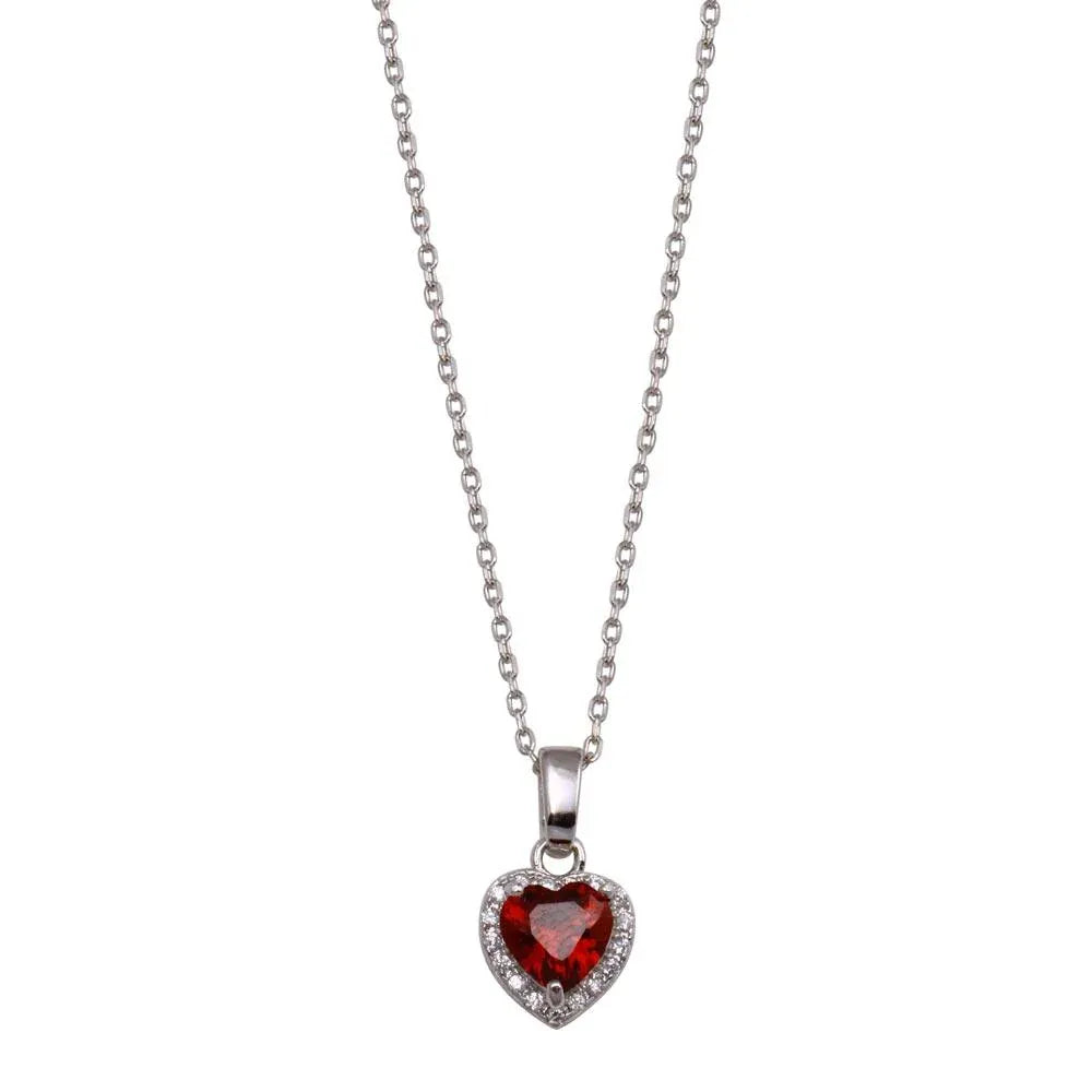 925 Sterling Silver Rhodium Plated Red Halo Heart Necklace