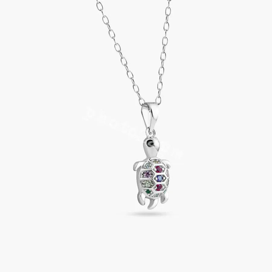925 Sterling Silver Rhodium Plated Clear Multi Color CZ Turtle Pendant Necklace