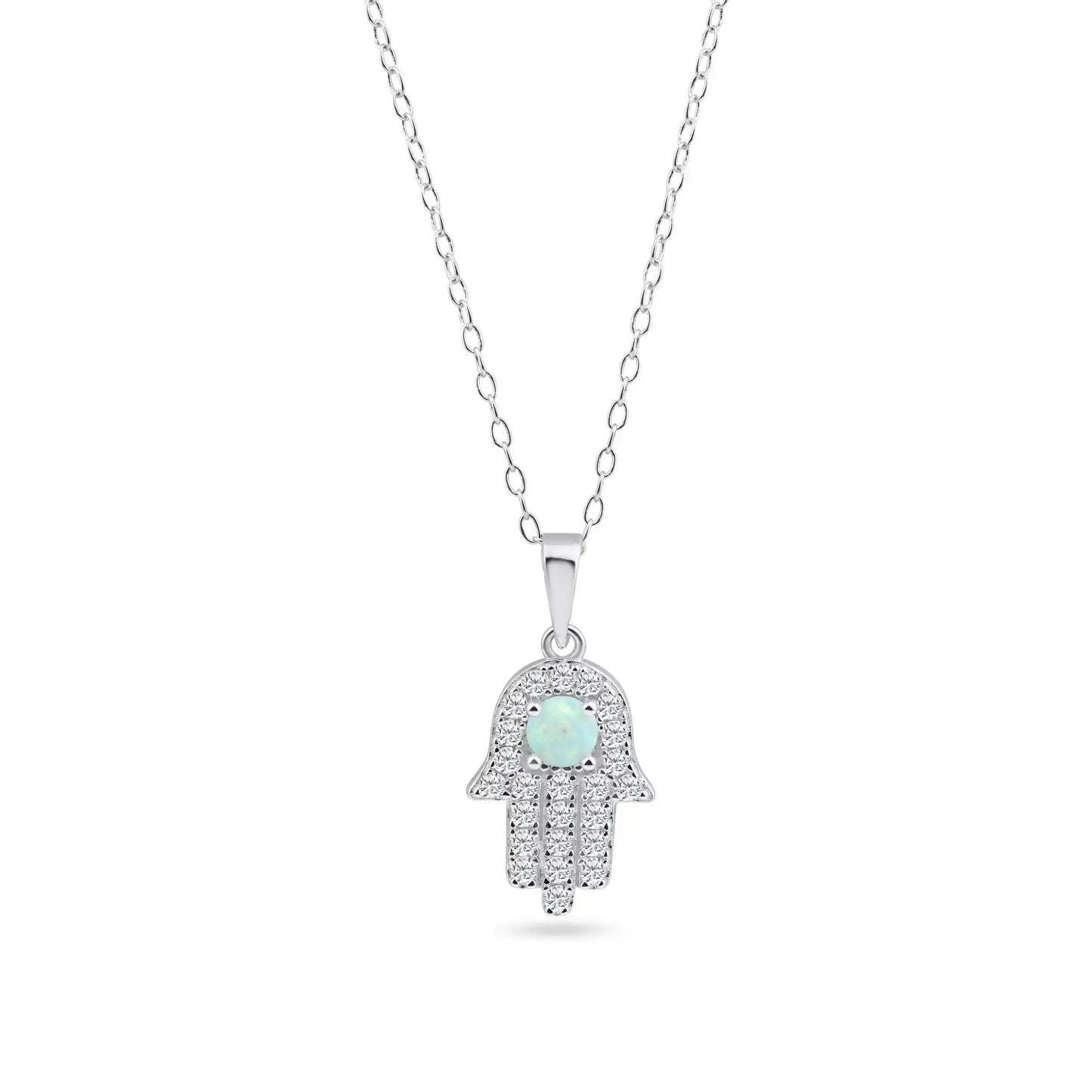 925 Sterling Silver Rhodium Plated Hamsa Opal and Clear CZ Adjustable Necklace