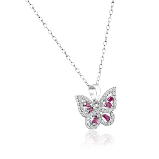 925 Sterling Silver Rhodium Plated Clear and Red CZ Butterfly Pendant Necklace