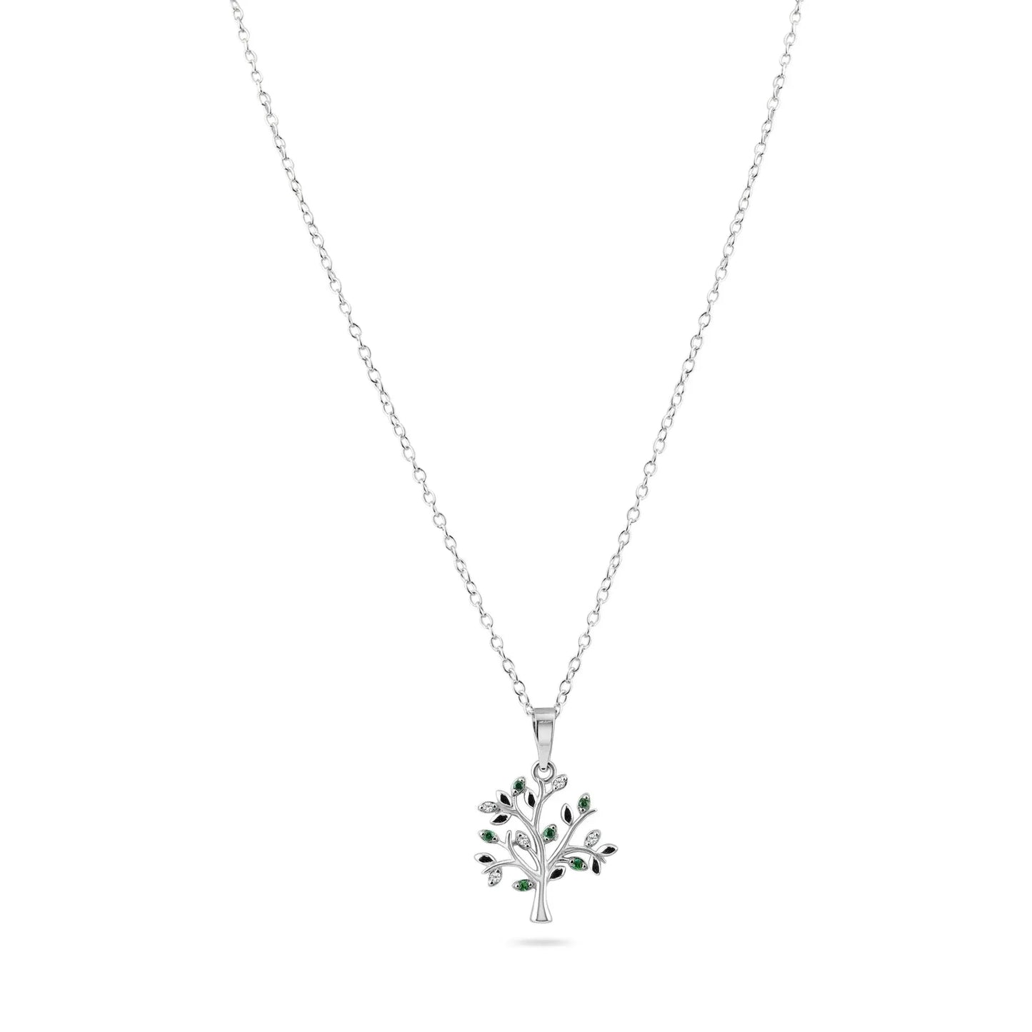 925 Sterling Silver Rhodium Plated Green and Clear Tree Pendant Necklace