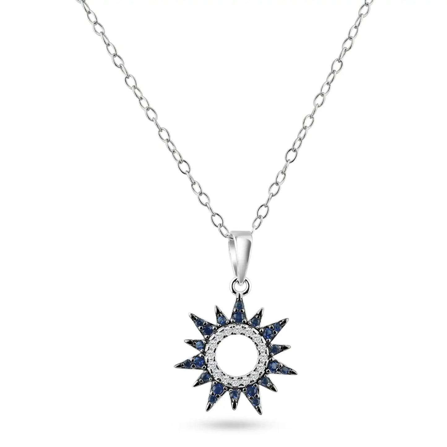 925 Sterling Silver Rhodium Plated Sun Blue and Clear CZ Pendant Necklace