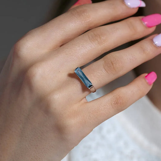 925 Sterling Silver Clearance Rhodium Plated Long Blue CZ Bar Ring