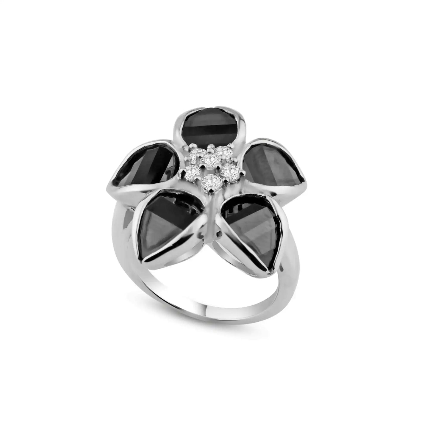 925 Sterling Silver Clearance Rhodium and Black Rhodium Plated Black Clear CZ Flower Ring