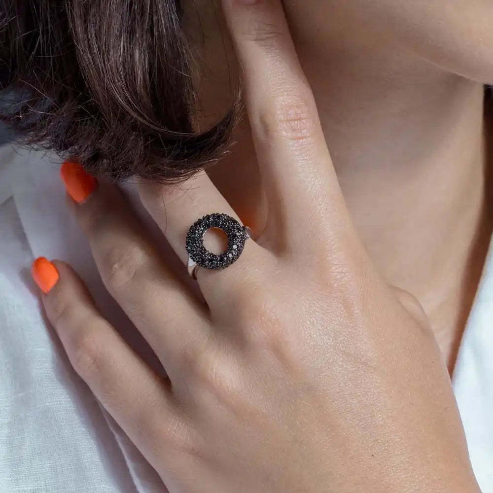 925 Sterling Silver Clearance Rhodium and Black Rhodium Plated Black CZ Open Circle Ring