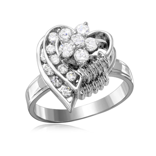925 Sterling Silver Clearance - Rhodium Plated Clear Flower 2 Row Hearts Fidgetting Clear CZ Ring