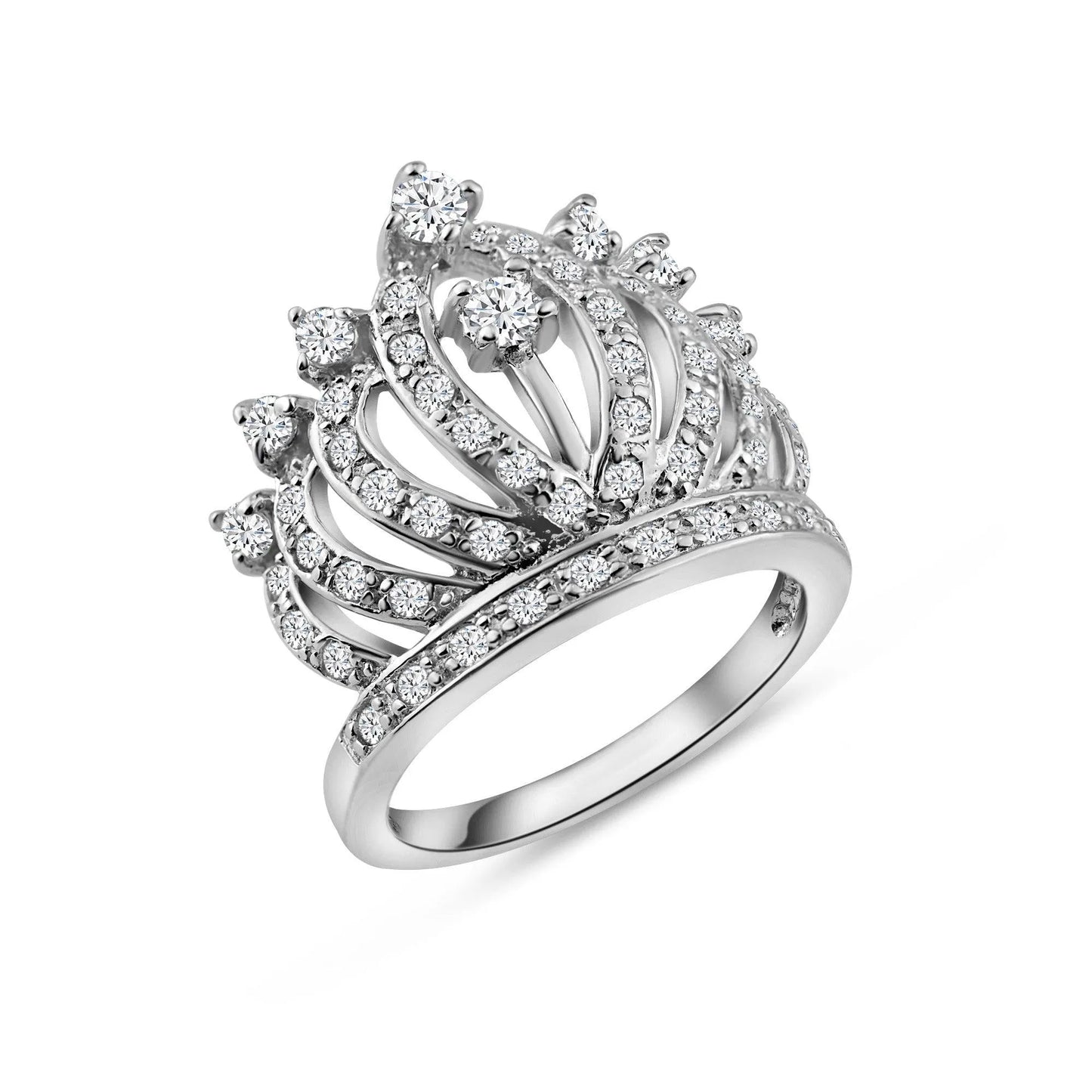 925 Sterling Silver Rhodium Plated Clear CZ Crown Ring