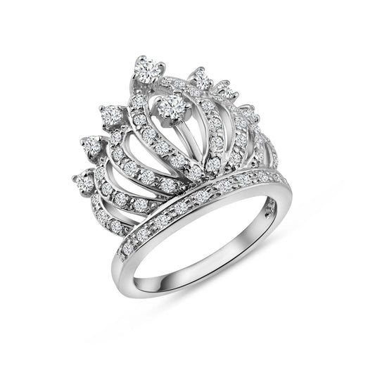 925 Sterling Silver Rhodium Plated Clear CZ Crown Ring