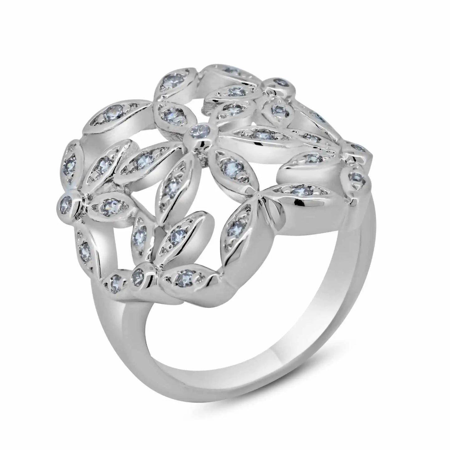 925 Sterling Silver Clearance Rhodium Plated Clear CZ Cigar Band Flower Ring
