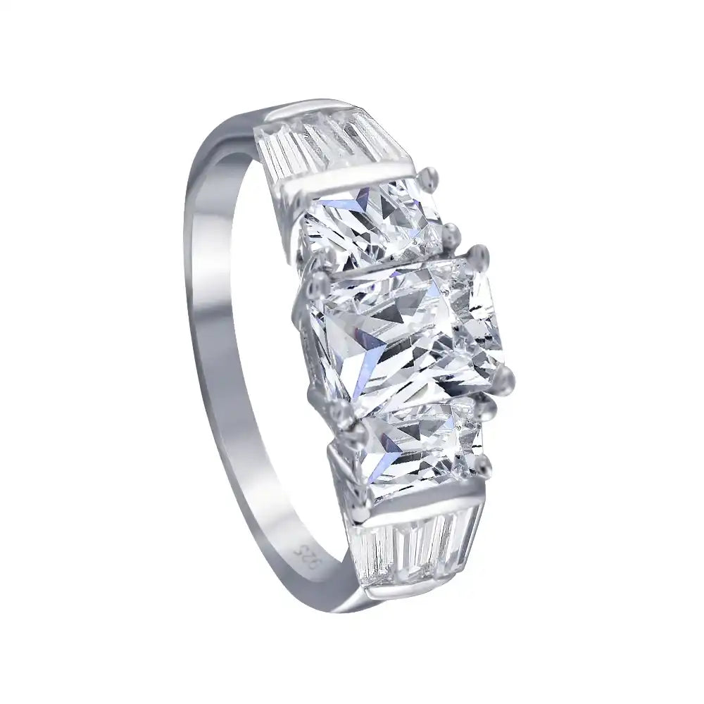 925 Sterling Silver Rhodium Plated Clear Baguette Rectangular CZ Bridal Ring