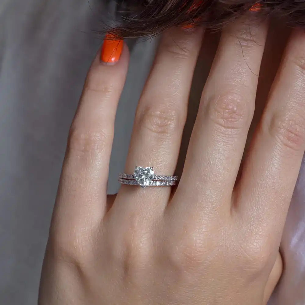 925 Sterling Silver Rhodium Plated Clear CZ Heart Bridal Ring Set