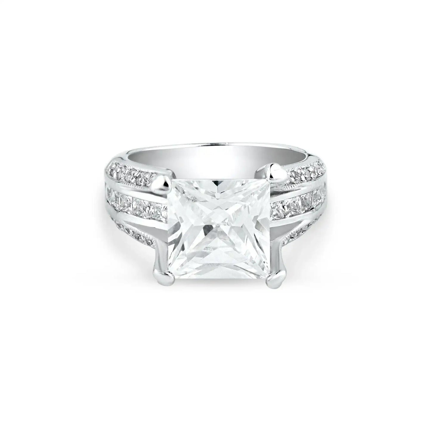 925 Sterling Silver Rhodium Plated Princess Cut CZ Bridal Ring