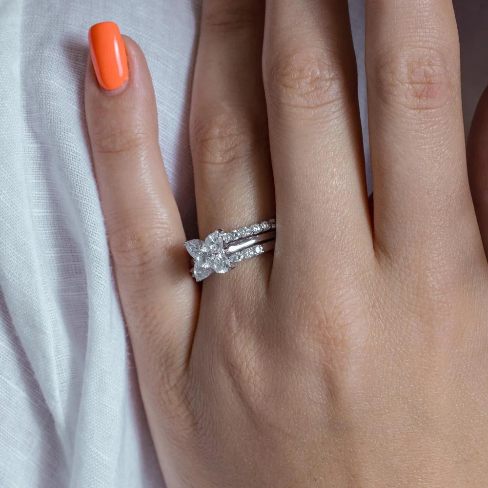925 Silver Rhodium Plated Flower Center Clear CZ Bridal Ring Set
