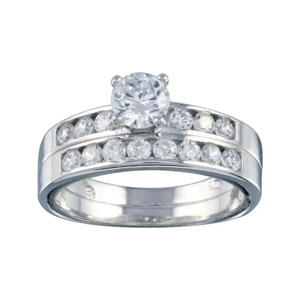 925 Sterling Silver Rhodium Plated Clear CZ Bridal Ring Set