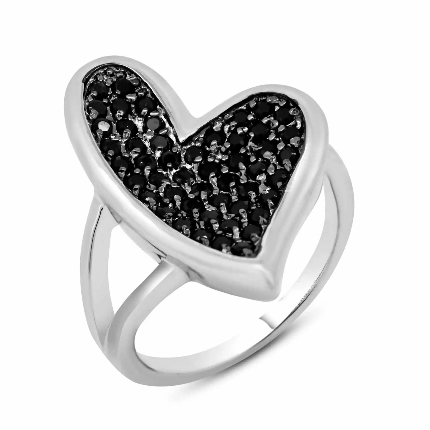 925 Sterling Silver Clearance Rhodium Plated Black Pave Set CZ Heart Ring